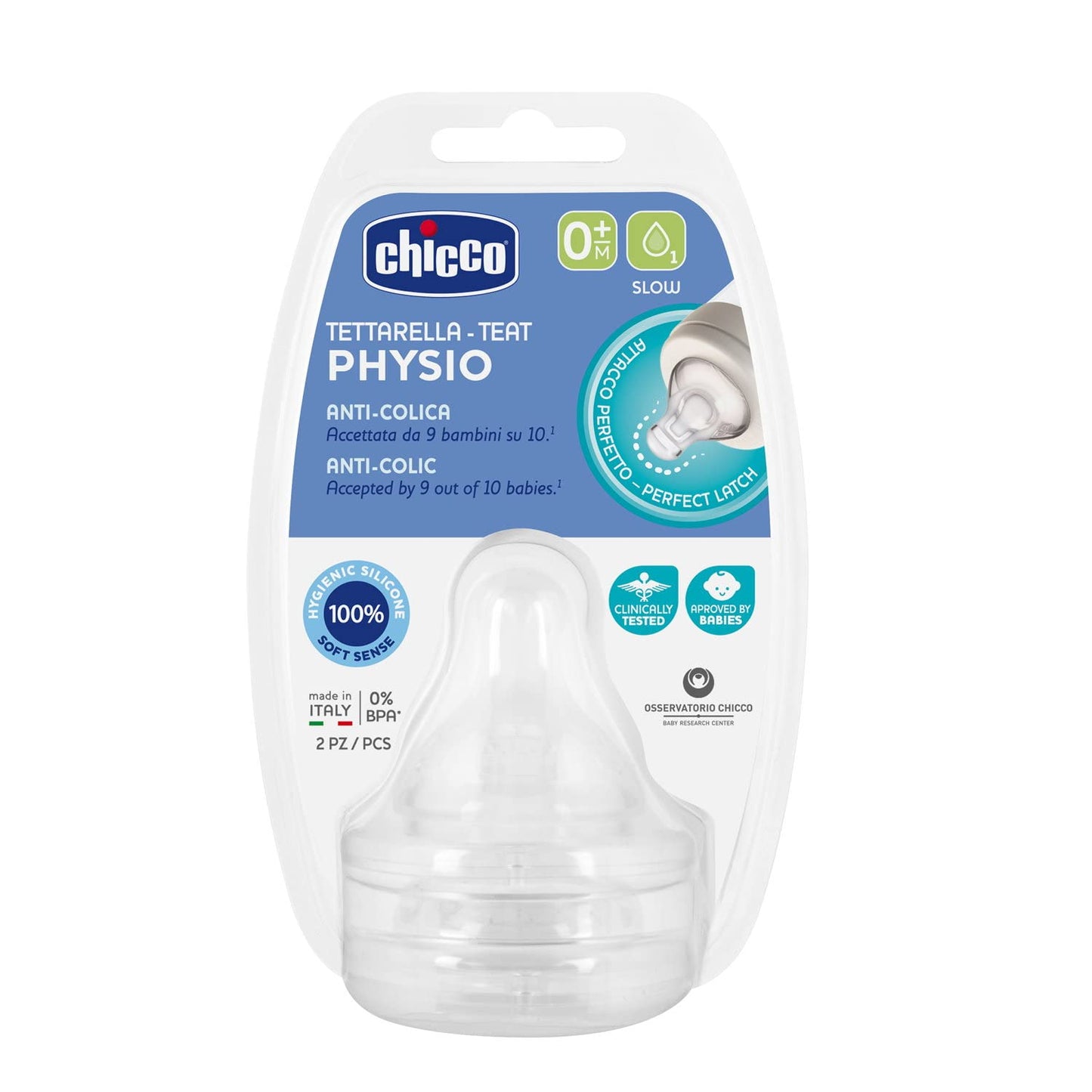 Chicco Tettarella Physio, Tettarella Flusso Lento, per Neoneati, in Silicone Soft Sense, Compatibile con Biberon Perfect 5, Benessere e Original Touch, Trasparente, 0+ Mesi, 2 Pezzi