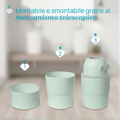 Chicco Mangiapannolini Telescopico Controlla Odori Compatto, Smaltimento Pannolini, Cestino Contenitore Pieghevole e Salvaspazio, Non servono ricariche, si usano i normali Sacchetti, Verde