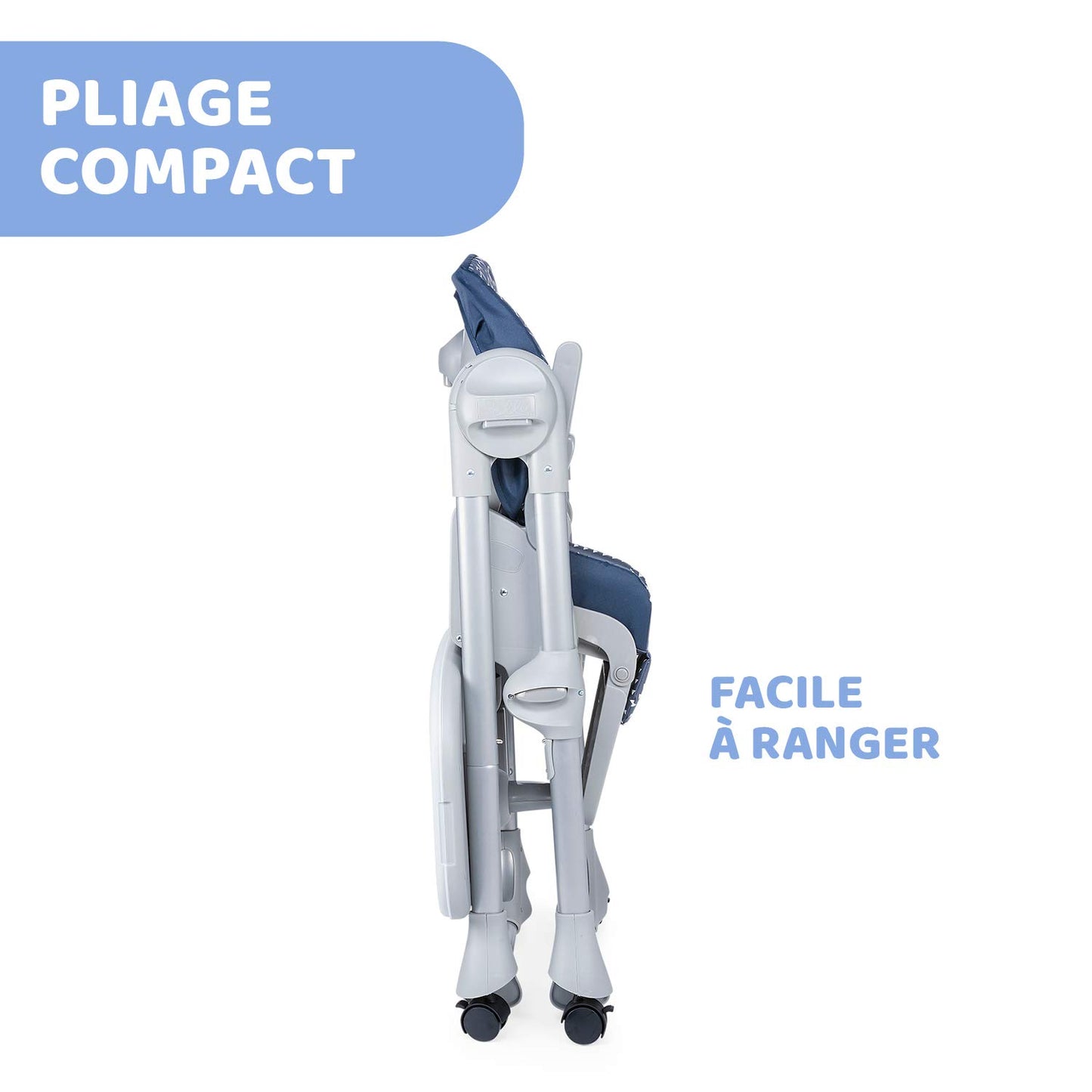 Polly Easy Evolutionary High Chair for Children from 6 Months to 3 Years (15 kg), Reclining High Chair with Adjustable Height and Footrest, 4 Wheels, Compact Folding - Pinguin, Blue