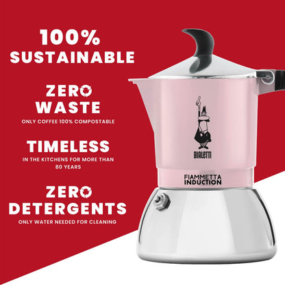 Bialetti Caffettiera Fiammetta Induction, 2 Tazze (100 ml), Adatta a Tutti i piani cottura, Design Elegante, Rosa