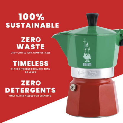Bialetti Caffettiera Moka Express Tricolore, 6 Tazze, Manico anti scottatura, Non adatta a induzione, 6 Tazze (250 ml), Alluminio