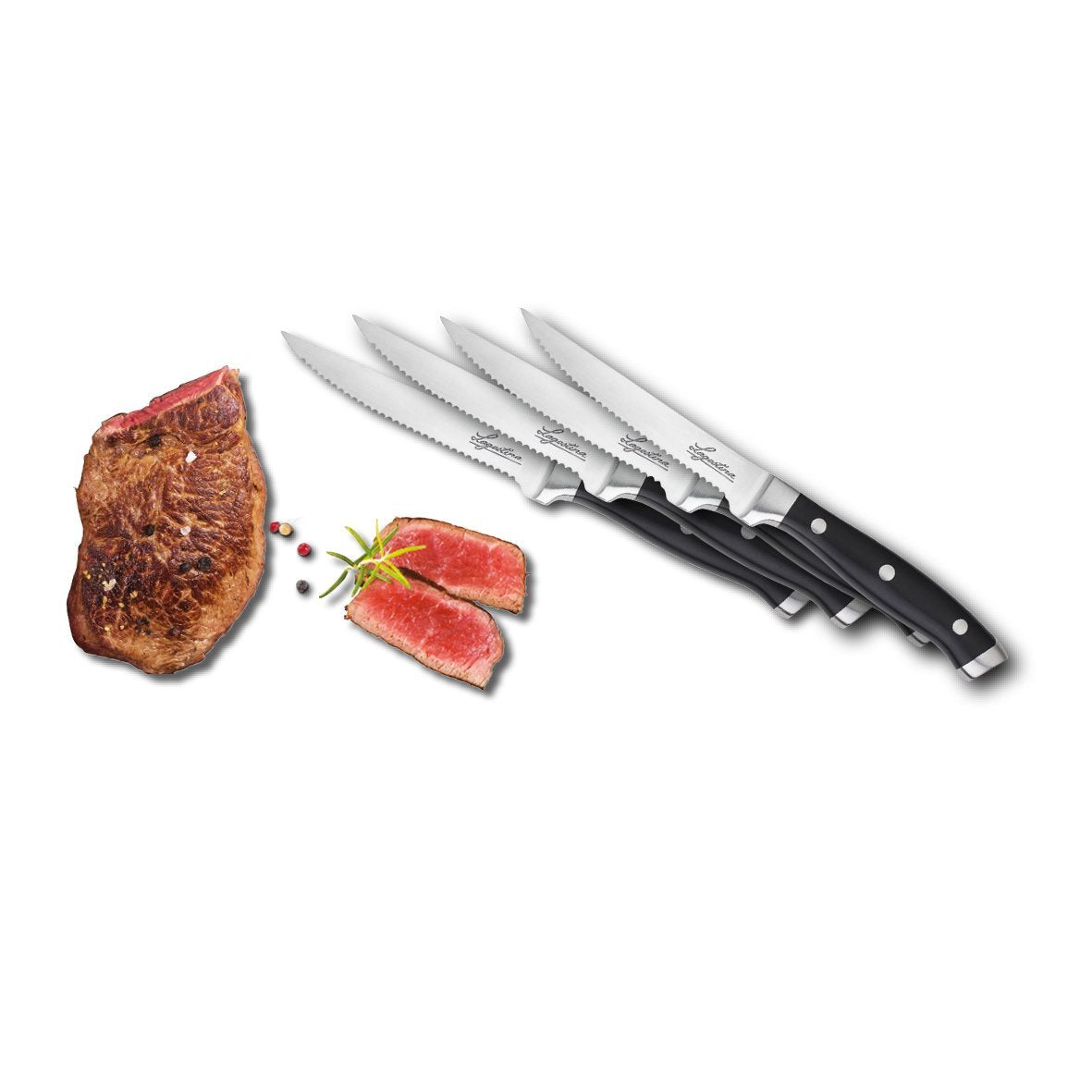 Lagostina Set 4 Coltelli Bistecca Forgiati, Inossidabile, Manicatura Ergonomica, Nero e Acciaio, Lunghezza Lama 12 cm