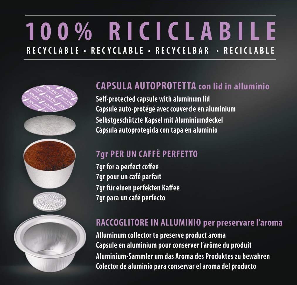 Bialetti Caffè d'Italia, Multipack 128 Capsule, 8 Box da 16 Capsule, Milano, Intensità 7, Compatibili con Macchine Bialetti sistema chiuso, 100% Alluminio