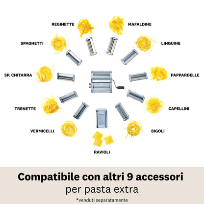 Marcato GS-PASTASET Macchina per Pasta Manuale con Inclusi Accessori per Ravioli e Spaghetti, Acciaio Cromato, Argento, 20,3x14x20,3 cm