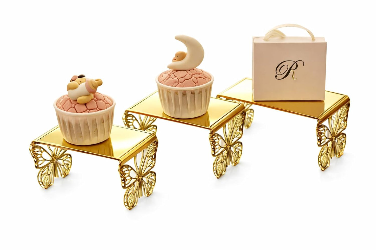 Set di 3 Alzatine Decorative con Farfalle, Base in Plexiglass Dorato o Trasparente, per Catering ed Esposizione | Alzate Originali per Eventi, Wedding, Comunione (Oro Specchiato)