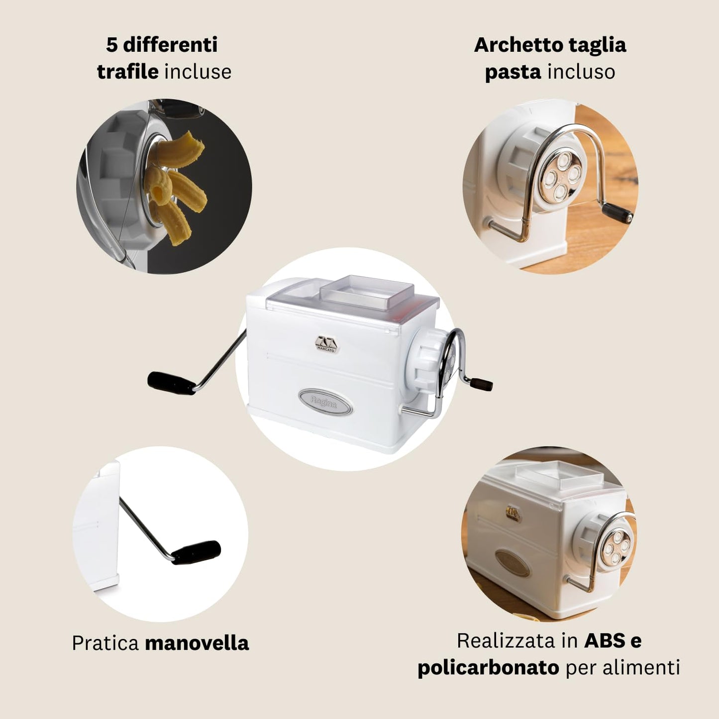 Marcato Macchina per la Pasta, Pasta Maker, Trafila per Pasta Fresca, Manuale, 5 Trafile Incluse, per Bucatini, Fusilli, Maccheroni, Maccheroncini, Rigatoni, Made in Italy. Modello: Regina