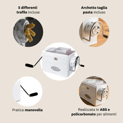 Marcato Macchina per la Pasta, Pasta Maker, Trafila per Pasta Fresca, Manuale, 5 Trafile Incluse, per Bucatini, Fusilli, Maccheroni, Maccheroncini, Rigatoni, Made in Italy. Modello: Regina