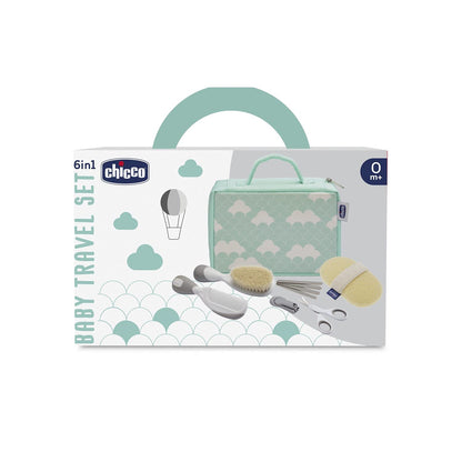 Chicco- Set da Viaggio Igiene per Bambini, 6 Pezzi, Spazzola e Pettine, Guanto Spugna, Forbici con Punte Arrotondate, Tagliaunghie e Limette USA e Getta