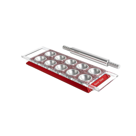Marcato Stampo per Ravioli, Macchina per Ravioli, Forme per Ravioli Fatti in Casa, Taglio Quadrato da 50 mm, Mattarello in Alluminio Incluso, Made in Italy. Modello: Ravioli Tablet, Rosso