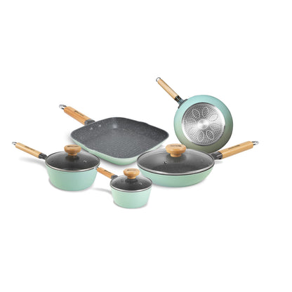 Aeternum Green Induction Wood, Batteria 8 Pezzi, Padelle Antiaderenti, Adatto a Induzione, Manici in Legno di Faggio, Include 3 Padelle, 2 Casseruole, 3 Coperchi, 100% materiali riciclabili, Verde