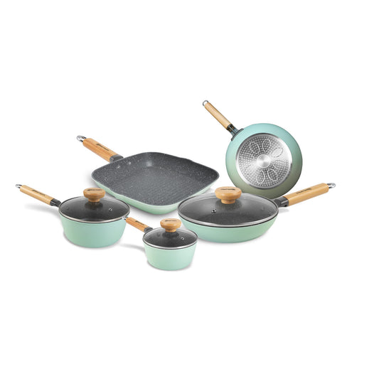 Aeternum Green Induction Wood, Batteria 8 Pezzi, Padelle Antiaderenti, Adatto a Induzione, Manici in Legno di Faggio, Include 3 Padelle, 2 Casseruole, 3 Coperchi, 100% materiali riciclabili, Verde