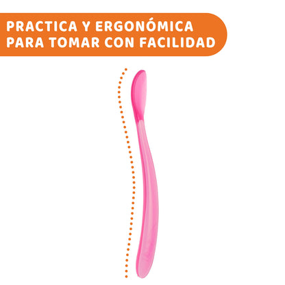 Chicco Cucchiaino Svezzamento in Silicone, Set 2 Cucchiai Morbidi per Neonati e Bambini, Delicati e Flessibili, con Impugnatura Ergonomica e Manico Lungo Curvato, 2 Pezzi - 6+ Mesi, Rosa