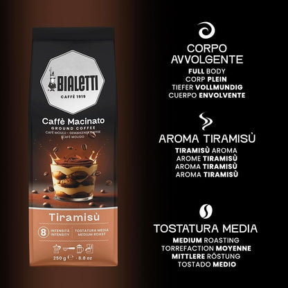 BIALETTI Caffè Macinato Perfetto Moka, 6 Sacchetti da 250 Grammi, Caramello, Tiramisù, Nocciola, Cioccolato, Intenso, Pregiato