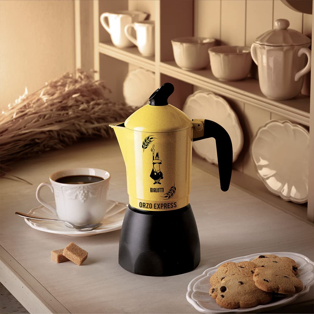 Bialetti Caffettiera Orzo Express, 2 Tazze, Pensata per preparare un Orzo Espresso, Non adatta a induzione, Giallo
