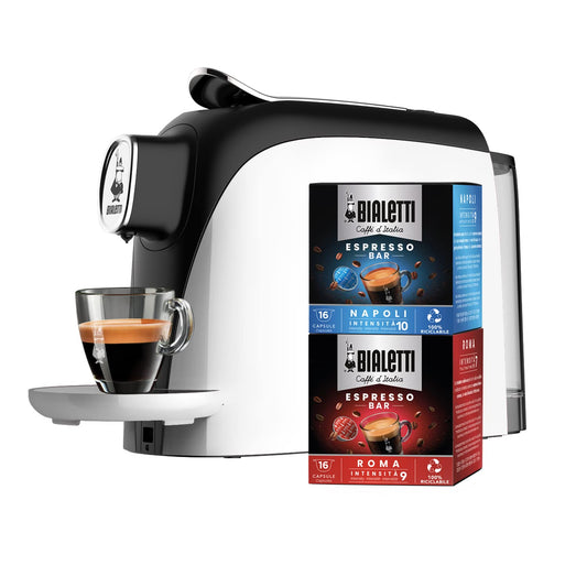 Bialetti Mignon, Macchina Caffè Espresso Incluse 32 Capsule, Funziona esclusivamente con Capsule Bialetti, Bianco