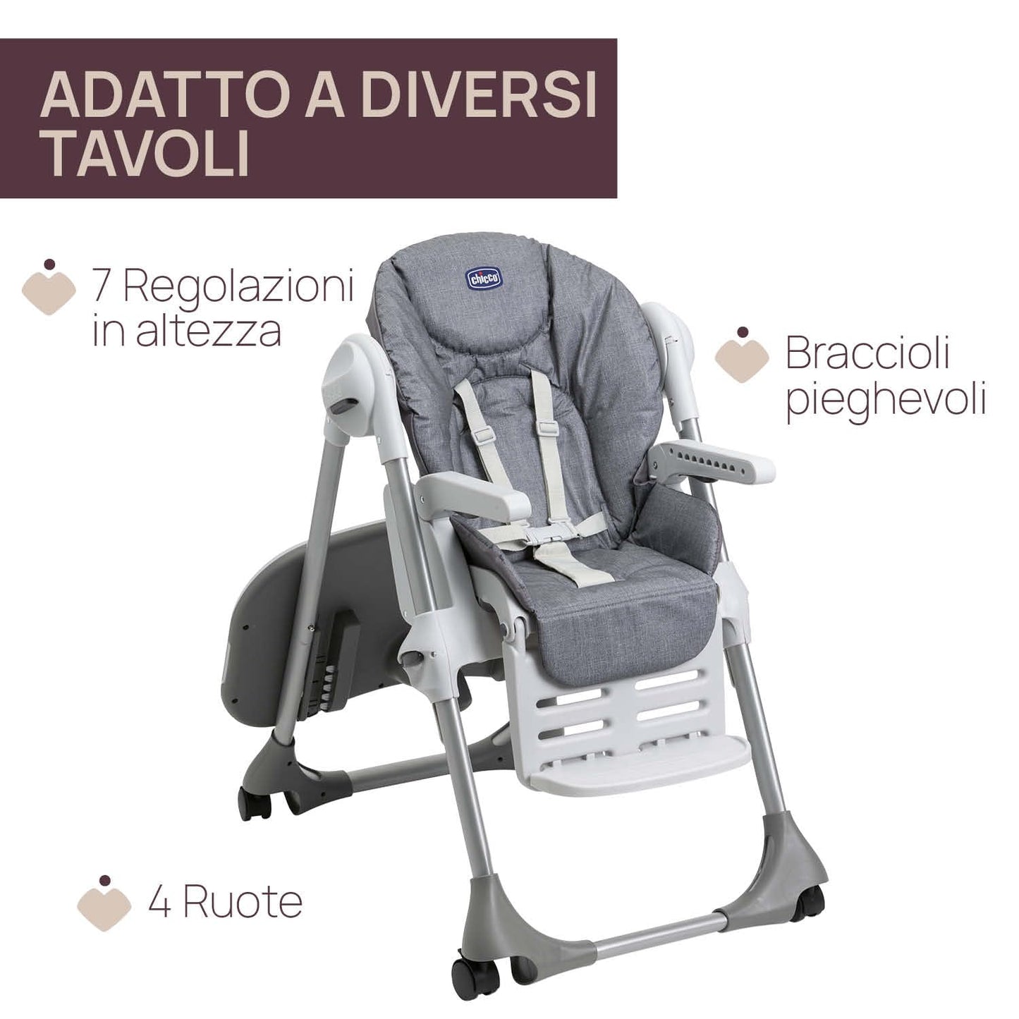 Polly Easy Evolutionary High Chair for Children from 6 Months to 3 Years (15 kg), Reclining High Chair with Adjustable Height and Footrest, 4 Wheels, Compact Folding - Gray Melange