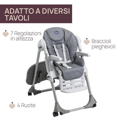 Polly Easy Evolutionary High Chair for Children from 6 Months to 3 Years (15 kg), Reclining High Chair with Adjustable Height and Footrest, 4 Wheels, Compact Folding - Gray Melange