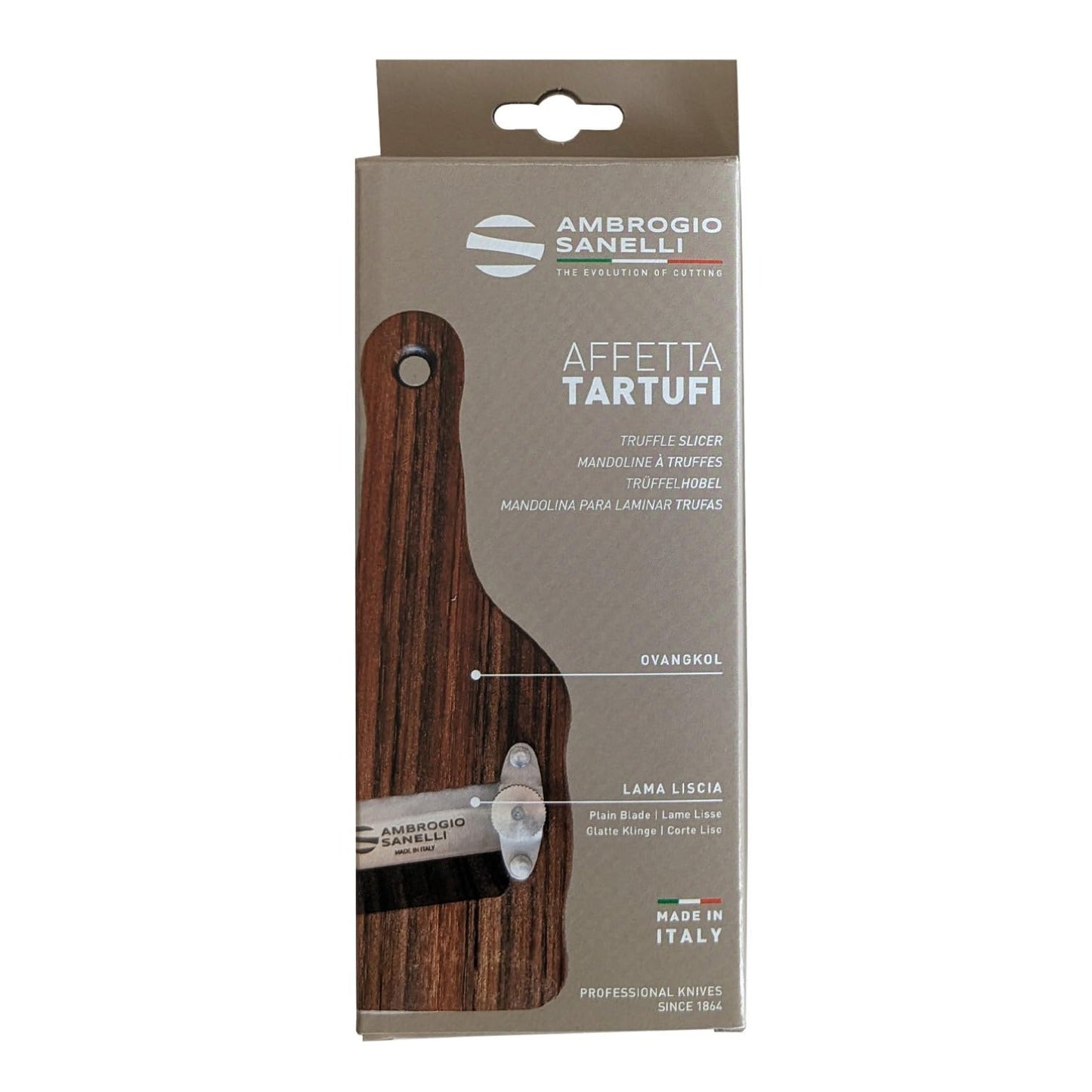 Ambrogio Sanelli - Linea Affettatartufi - Affettatartufi in Legno di Ovangkol. Manico Ergonomico ed Antiscivolo. Regolatore di qualità per un taglio preciso. Lama liscia, Acciaio Inox