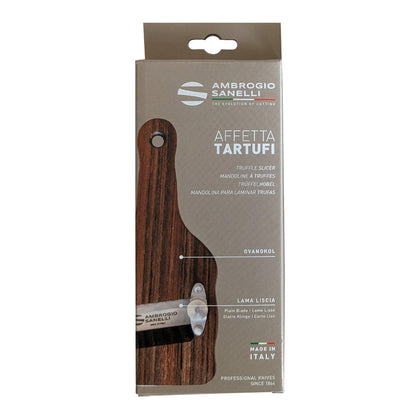 Ambrogio Sanelli - Linea Affettatartufi - Affettatartufi in Legno di Ovangkol. Manico Ergonomico ed Antiscivolo. Regolatore di qualità per un taglio preciso. Lama liscia, Acciaio Inox