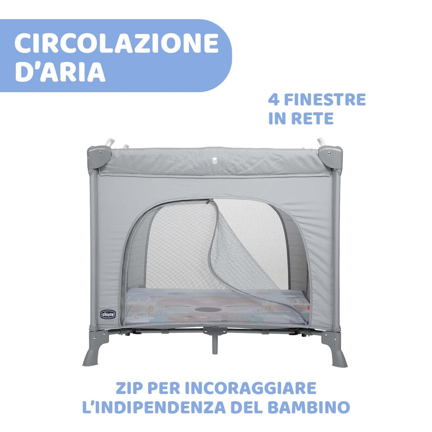 Chicco Open Box Lettino Neonati da Viaggio per Bebè e Bambini dalla Nascita fino a 15 kg, Pieghevole e Compatto, Culla da Campeggio con Tappeto Gioco, Finestre in Rete, 4 Maniglie e Borsa da Viaggio