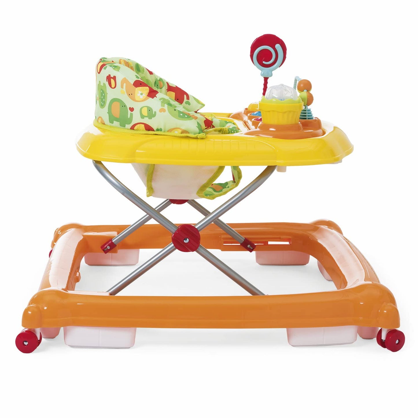 Chicco Girello Circus Bambini, con Pannello Giocattolo, Altezza Regolabile, 8 Freni di Sicurezza, 4 Ruote Girevoli, Pieghevole e Compatto, 6 mesi +, Arancione con Fantasie