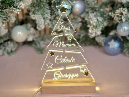 Lampada Led Albero di Natale Personalizzato 25cm | Alberello in Plexiglass Trasparente Personalizzabile con Nomi della Famiglia o Testo inciso al Laser