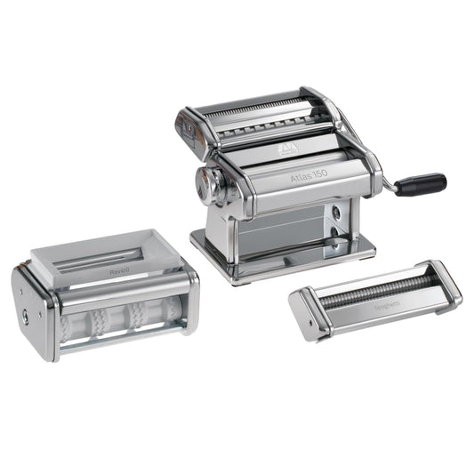 Marcato GS-PASTASET Macchina per Pasta Manuale con Inclusi Accessori per Ravioli e Spaghetti, Acciaio Cromato, Argento, 20,3x14x20,3 cm