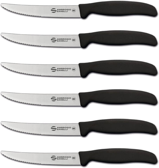 Sanelli Ambrogio Set Coltelli da Bistecca Supra, 6 Coltelli con Lama Mezzo Dentata 12cm, Affilatura a Controllo Laser, Manico Ergonomico, Coltelli Professionali Made in Italy Lavabili in Lavastoviglie