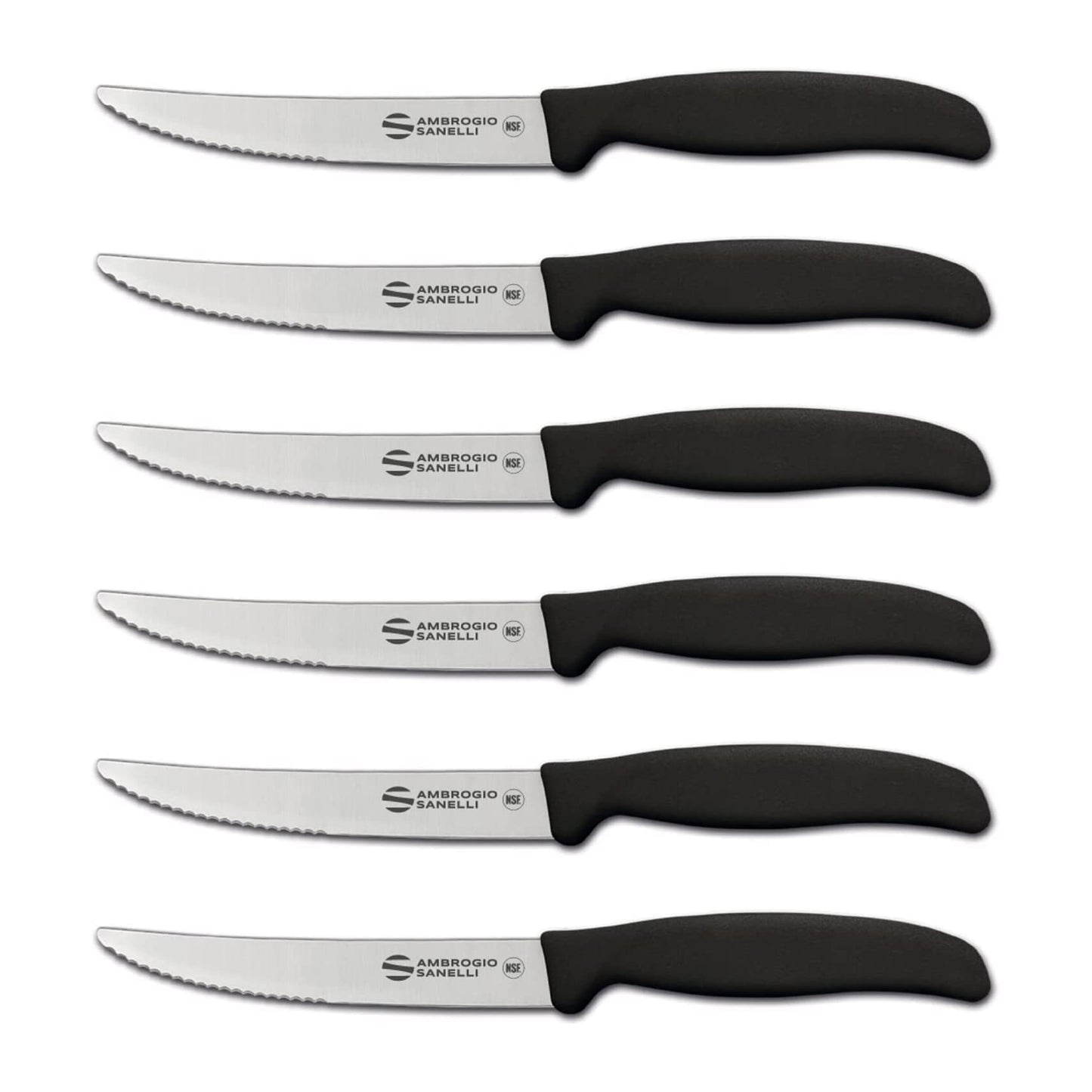 Sanelli Ambrogio Set Coltelli da Bistecca Supra, 6 Coltelli con Lama Mezzo Dentata 12cm, Affilatura a Controllo Laser, Manico Ergonomico, Coltelli Professionali Made in Italy Lavabili in Lavastoviglie