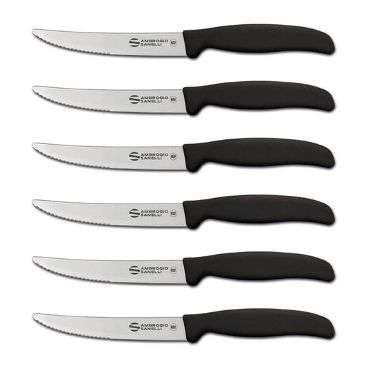 Sanelli Ambrogio Set Coltelli da Bistecca Supra, 6 Coltelli con Lama Mezzo Dentata 12cm, Affilatura a Controllo Laser, Manico Ergonomico, Coltelli Professionali Made in Italy Lavabili in Lavastoviglie
