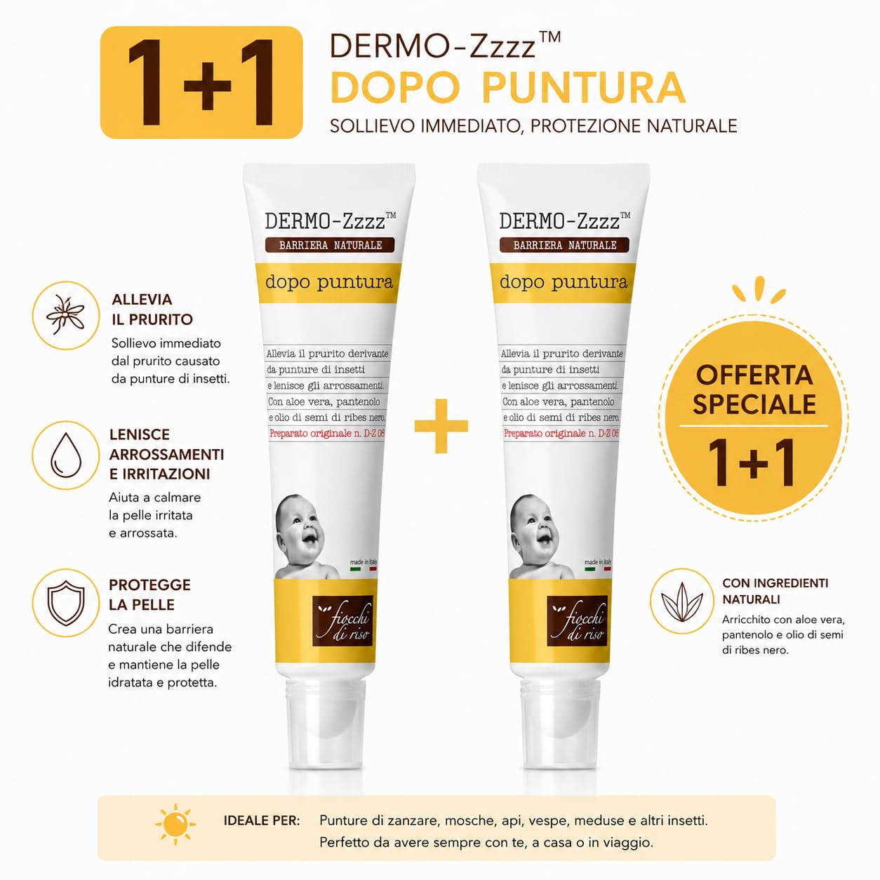 Fiocchi di Riso Dermo-Zzzz Dopo Puntura, Lenitivo Calmante, Aloe Vera e Pantenolo, Allevia il Prurito da Punture di Insetti, 14ml