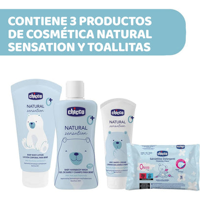 CHICCO Natural Sensation, Nappy Changing and Bathing Set with Cotton Beauty Case, Tears-Free Shampoo Bath 200 ml, Body Cream 150 ml, Soothing Paste 100 ml, Cleansing Wipes, Pink