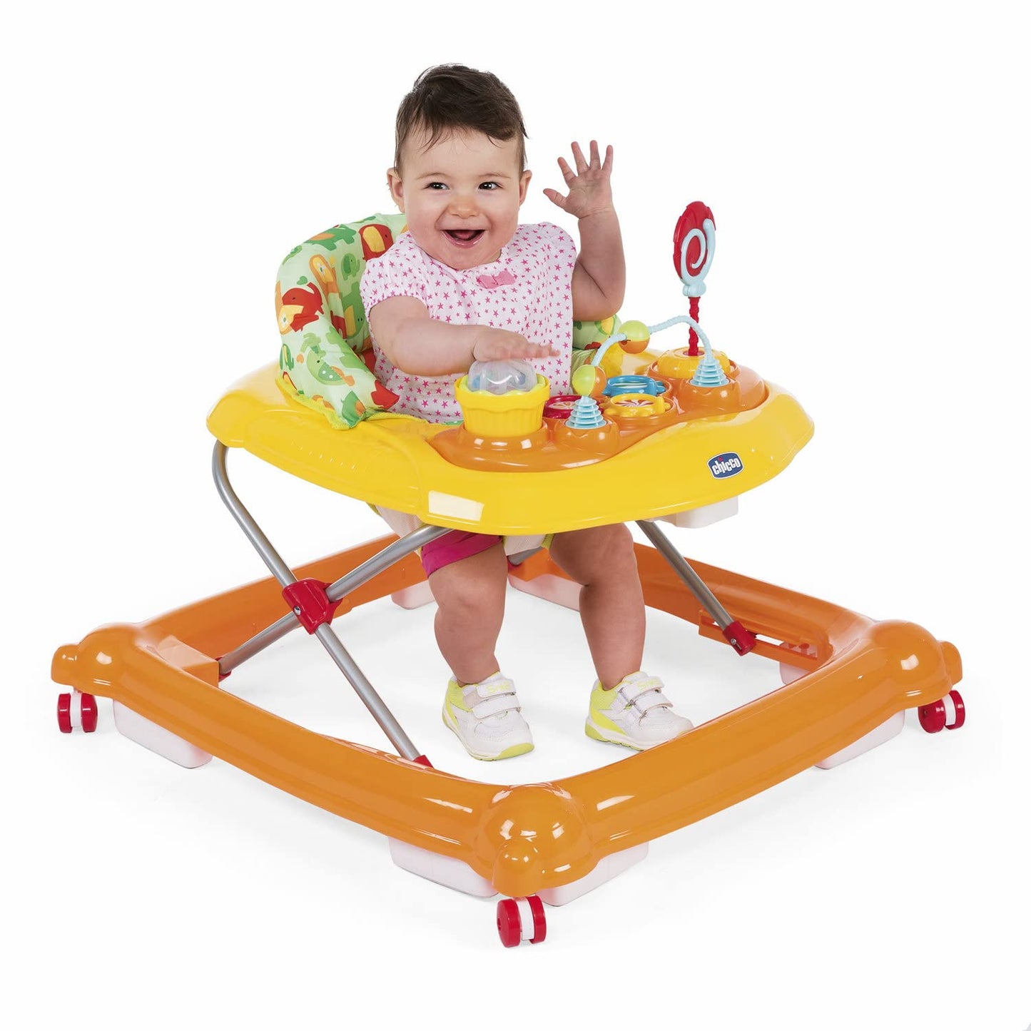 Chicco Girello Circus Bambini, con Pannello Giocattolo, Altezza Regolabile, 8 Freni di Sicurezza, 4 Ruote Girevoli, Pieghevole e Compatto, 6 mesi +, Arancione con Fantasie