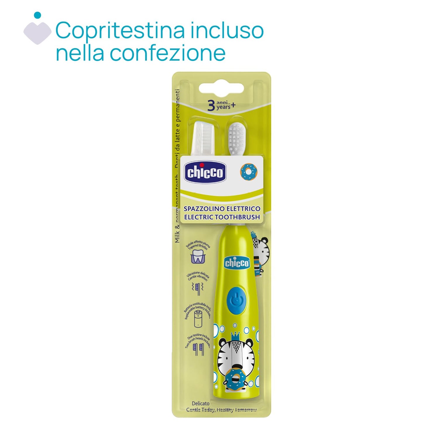 Chicco Battery-Powered Electric Toothbrush for Children, with Soft Bristles, Suitable for Children aged 3 and Up, Soft Vibrating Head, Gentle Action on Enamel and Sensitive Gums, 3 Years+