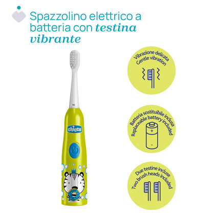 Chicco Battery-Powered Electric Toothbrush for Children, with Soft Bristles, Suitable for Children aged 3 and Up, Soft Vibrating Head, Gentle Action on Enamel and Sensitive Gums, 3 Years+