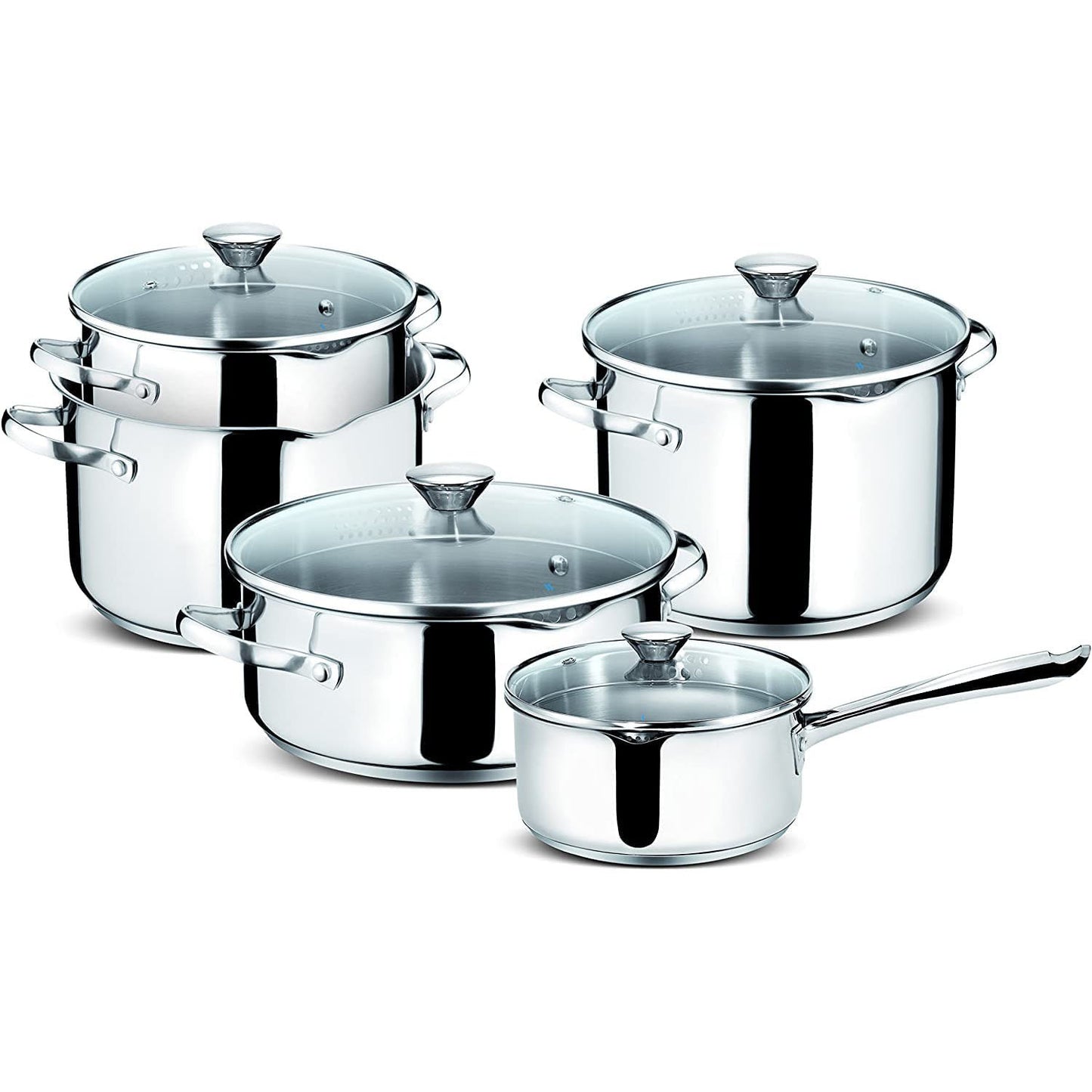 Lagostina Smart Set di Pentole Induzione, Gas e Forno in Acciaio Inox 18/10, 9 Pezzi, Fondo Lagoseal Plus Triplo Strato, Batteria di Pentole con 4 Casseruole, Pentola 2 Maniglie, 4 Coperchi