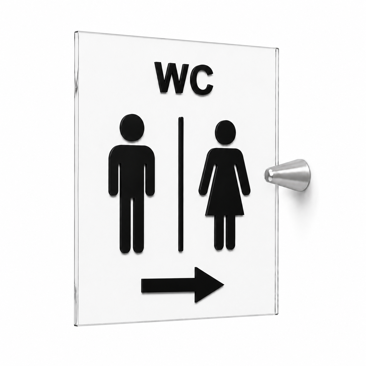 Cartello WC Donna, o Uomo a Bandiera in Plexiglass Trasparente, con Pittogrammi Neri in Rilievo, 15x20 cm, con Supporto in Metallo,