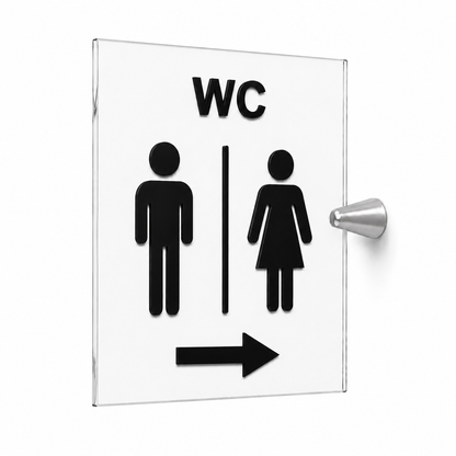 Cartello WC Donna, o Uomo a Bandiera in Plexiglass Trasparente, con Pittogrammi Neri in Rilievo, 15x20 cm, con Supporto in Metallo,