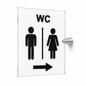 Cartello WC Donna, o Uomo a Bandiera in Plexiglass Trasparente, con Pittogrammi Neri in Rilievo, 15x20 cm, con Supporto in Metallo,