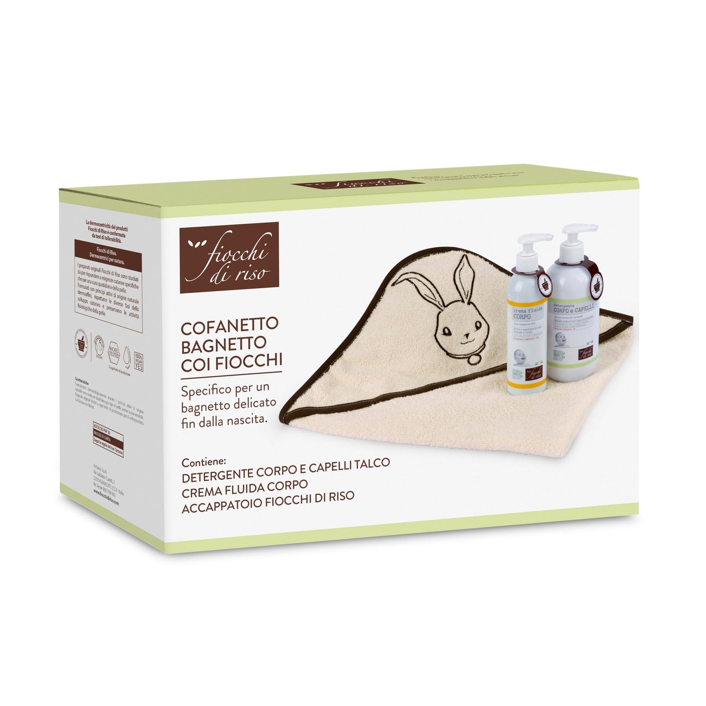 Fiocchi di Riso - COFANETTO BAGNETTO COI FIOCCHI - Kit per un bagnetto coi fiocchi - Detergente Corpo e Capelli Talco, Crema Fluida Corpo, Accappatoio - IDEA REGALO