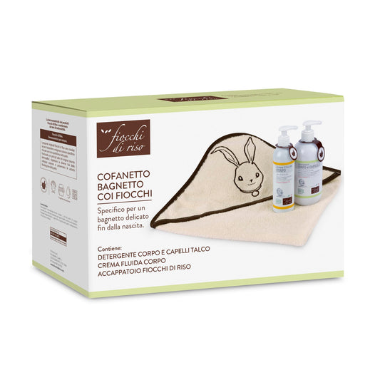 Fiocchi di Riso - COFANETTO BAGNETTO COI FIOCCHI - Kit per un bagnetto coi fiocchi - Detergente Corpo e Capelli Talco, Crema Fluida Corpo, Accappatoio - IDEA REGALO