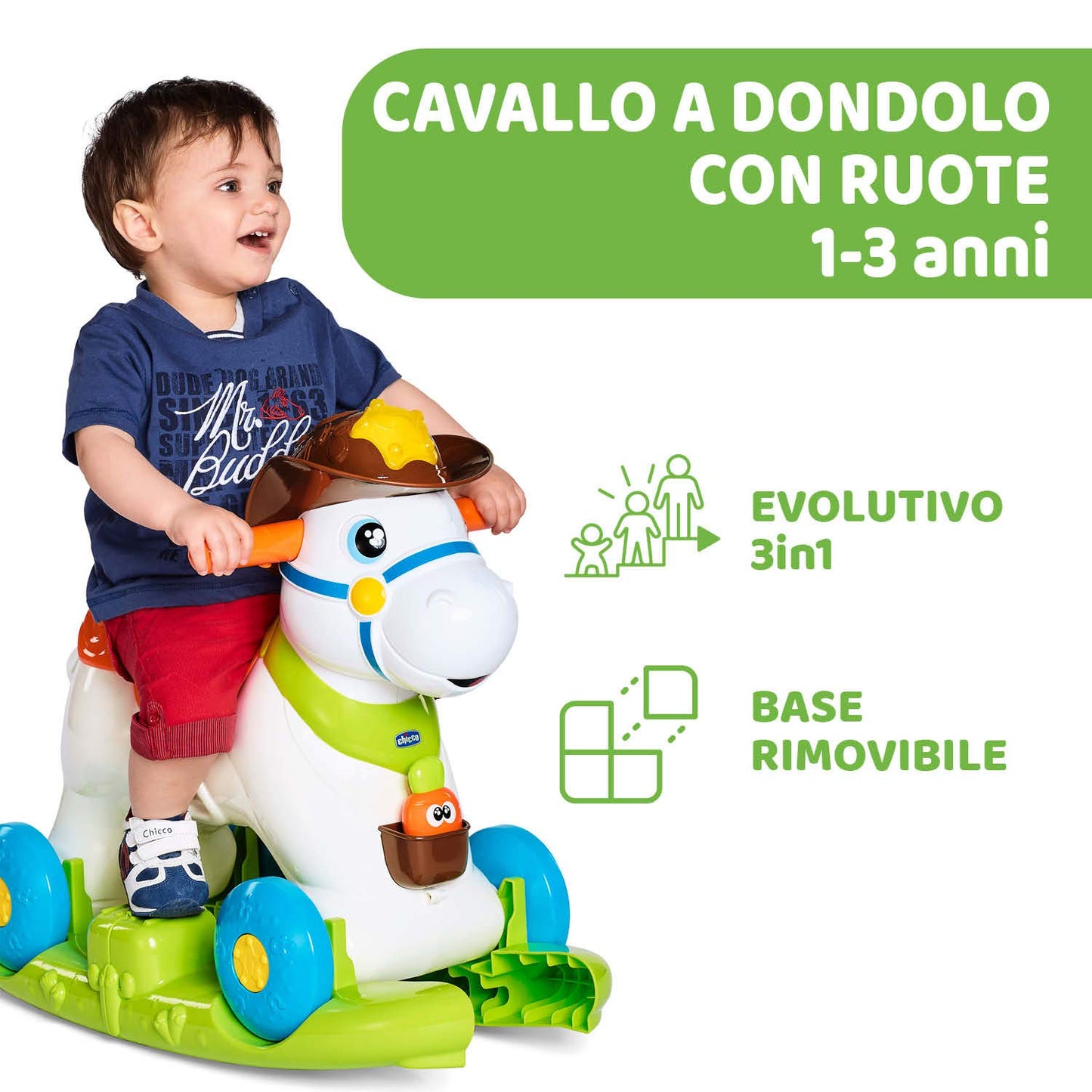 Chicco Cavallo a Dondolo per Bambini Baby Rodeo, Gioco Educativo e Interattivo, Cavallo Cavalcabile Bambino con Effetti Sonori, Max 25 kg, Giochi per Bambini 1-3 Anni, Made in Italy