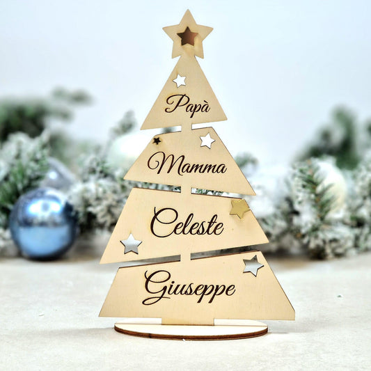 Albero di Natale Personalizzato 25cm | Alberello in Legno Personalizzabile con Nomi della Famiglia o Testo inciso al Laser