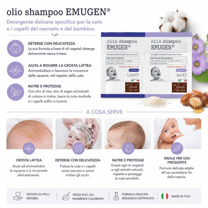 Fiocchi di Riso Olio Shampoo EMUGEN, 45ml, per Neonati, Crosta Lattea, Delicato sul Cuoio Capelluto, Senza Sostanze Chimiche