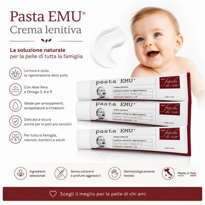 confezioni di Fiocchi di riso Pasta EMU® Crema Lenitiva con Aloe Vera e Omega 3, 6 e 9, per Pelli Sensibili