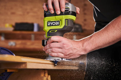 Ryobi RTR18-0, 18V One+ Battery-Powered Trimmer, Wood Router with LED Light and Accessories Included, 20,000-30,000 rpm, Working Depth Adjustment, Battery Not Included