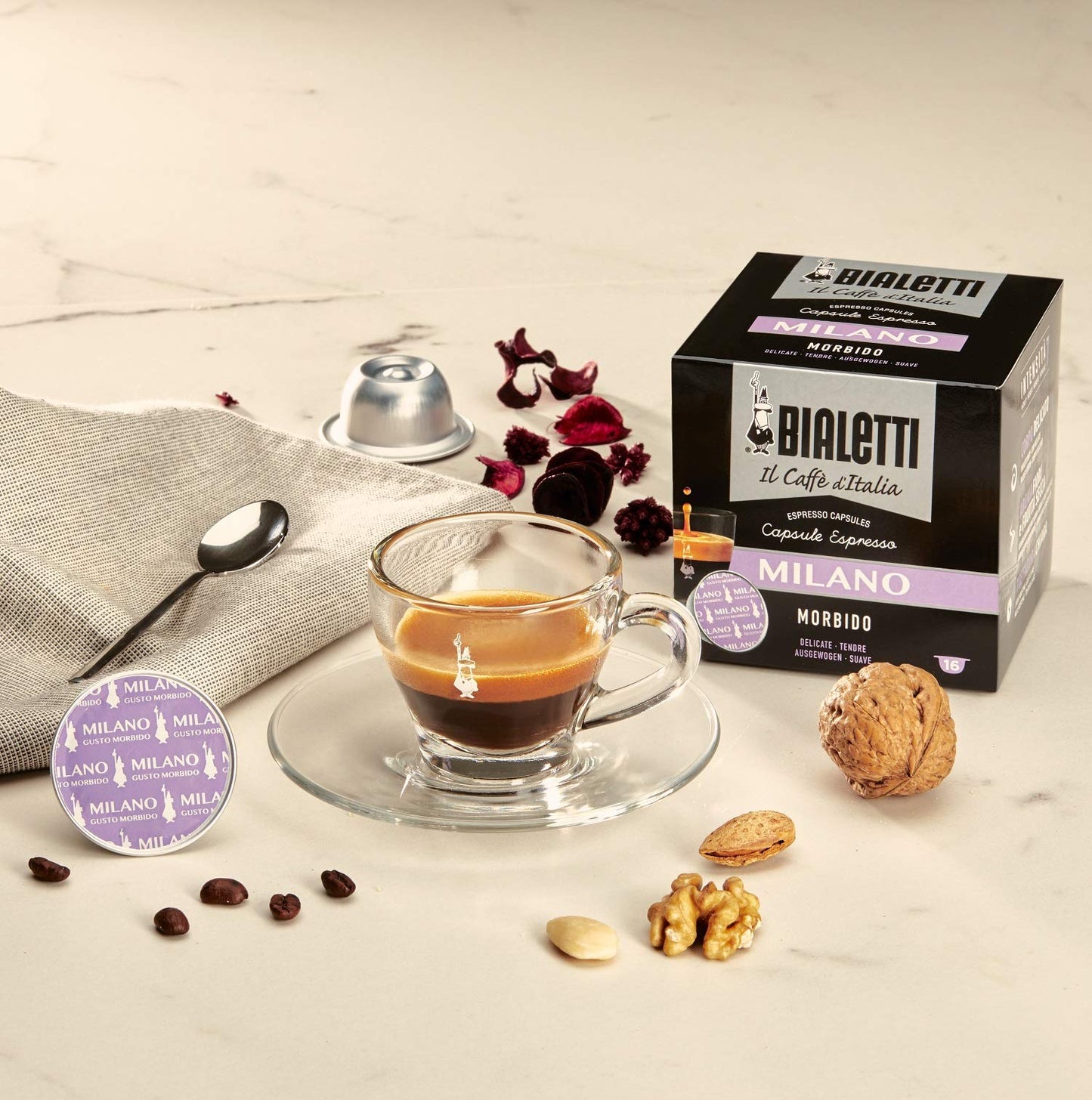 Bialetti Caffè d'Italia, Multipack 128 Capsule, 8 Box da 16 Capsule, Milano, Intensità 7, Compatibili con Macchine Bialetti sistema chiuso, 100% Alluminio