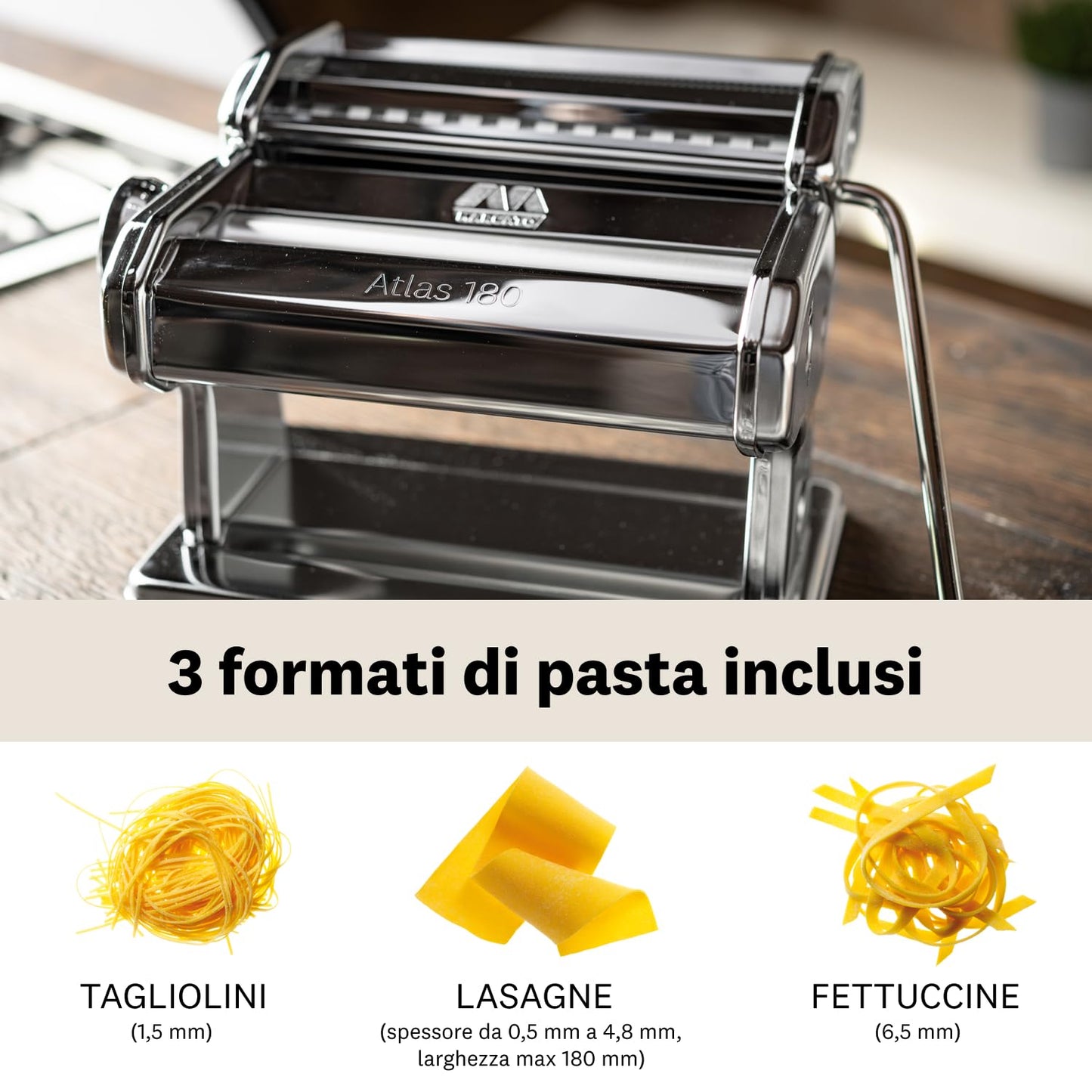Marcato, Atlas 180, Pasta Maker,Macchina per la Pasta, Sfogliatrice per Pasta Fresca, in Acciaio Cromato, per Lasagne, Fettuccine, Tagliolini, Made in Italy