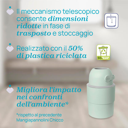 Chicco Mangiapannolini Telescopico Controlla Odori Compatto, Smaltimento Pannolini, Cestino Contenitore Pieghevole e Salvaspazio, Non servono ricariche, si usano i normali Sacchetti, Verde