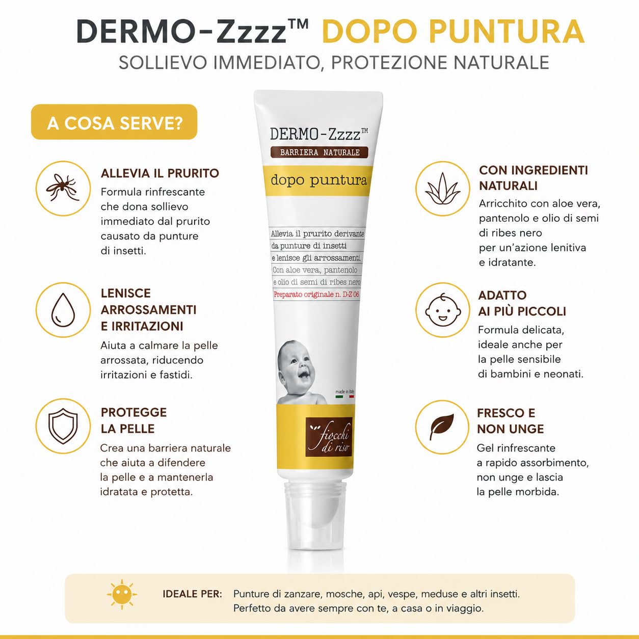 Fiocchi di Riso Dermo-Zzzz Dopo Puntura, Lenitivo Calmante, Aloe Vera e Pantenolo, Allevia il Prurito da Punture di Insetti, 14ml